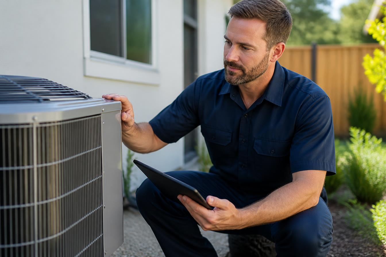 ProFlow HVAC technician inspecting a residential air conditioning unit